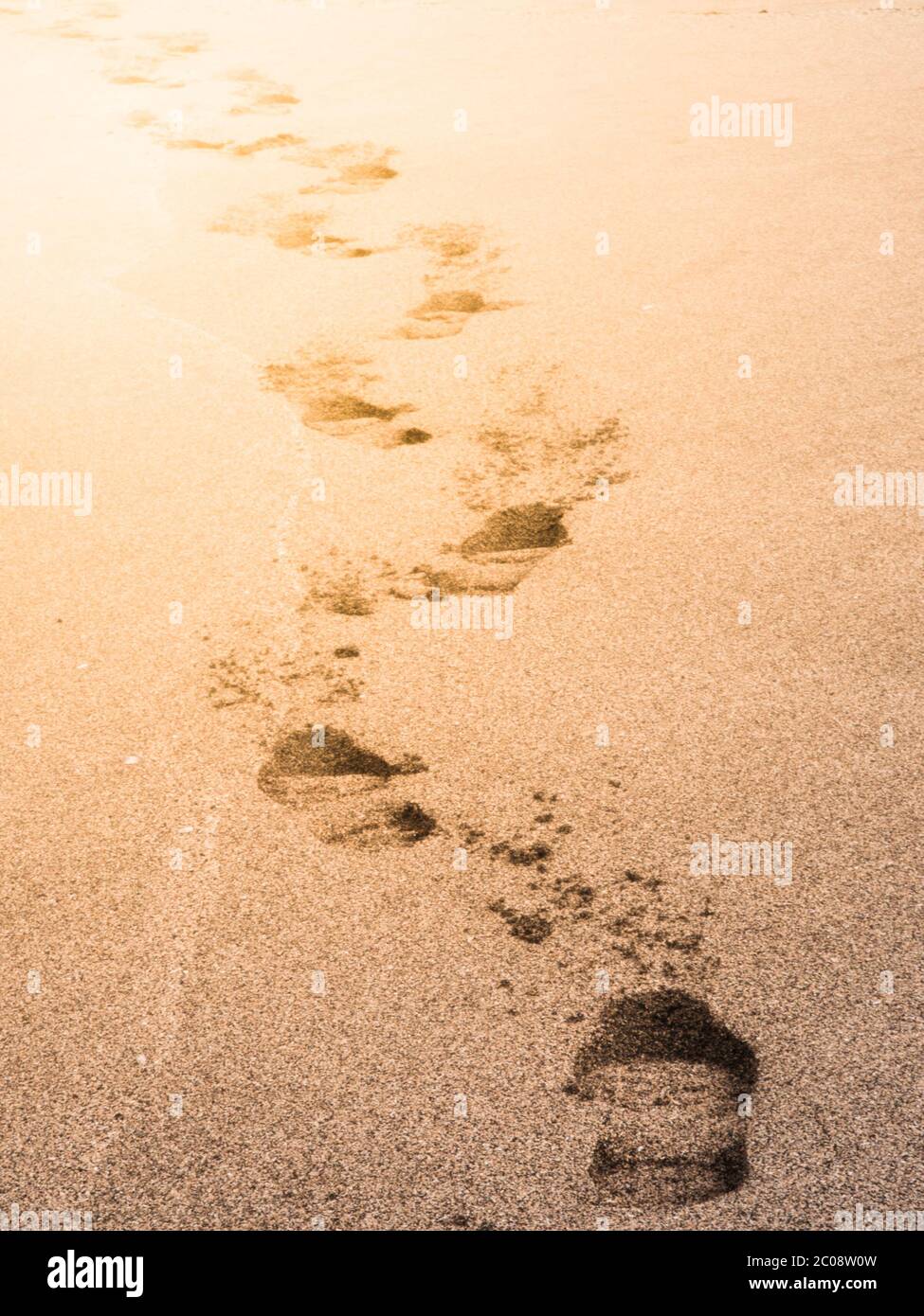 Human shoe prints in a sandy beach. Stock Photo