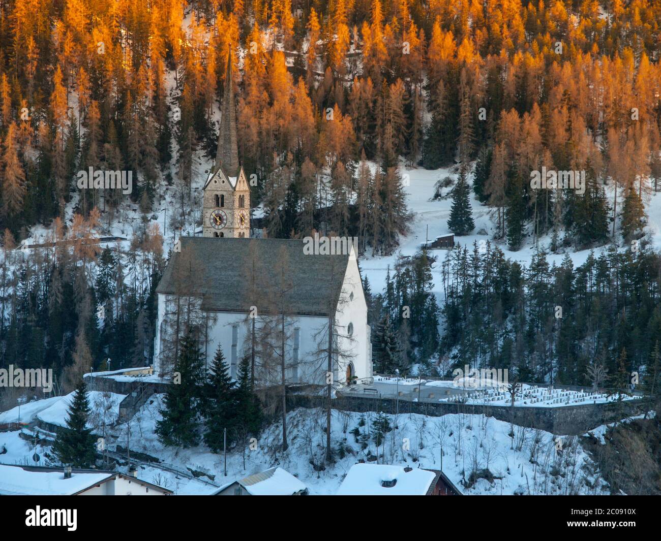 Small gothic church in Scuol village, Graubunden, Switzerland Stock Photo