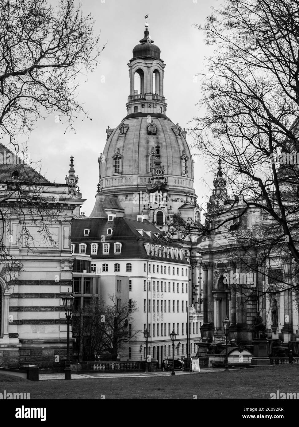 Dome of Dresden Frauenkirche behind buildings of Old Town, Germany