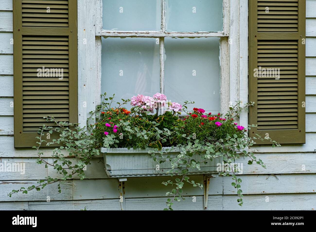 A flower window box full of colorful flowers on the Warwick, MA Historical Society Stock Photo
