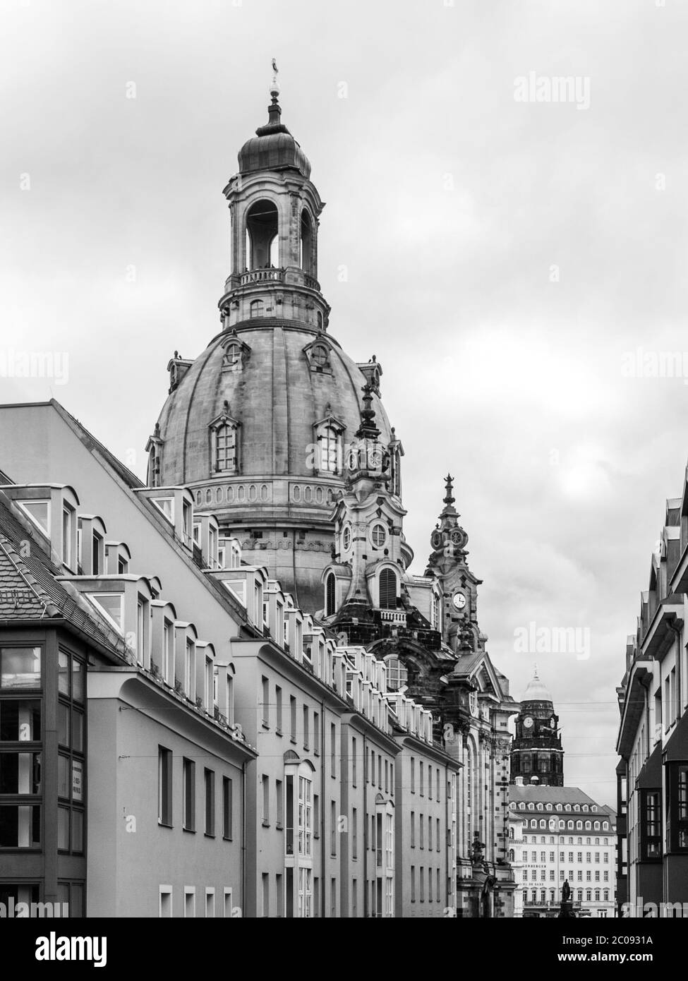 Dome of Dresden Frauenkirche behind buildings of Old Town, Germany