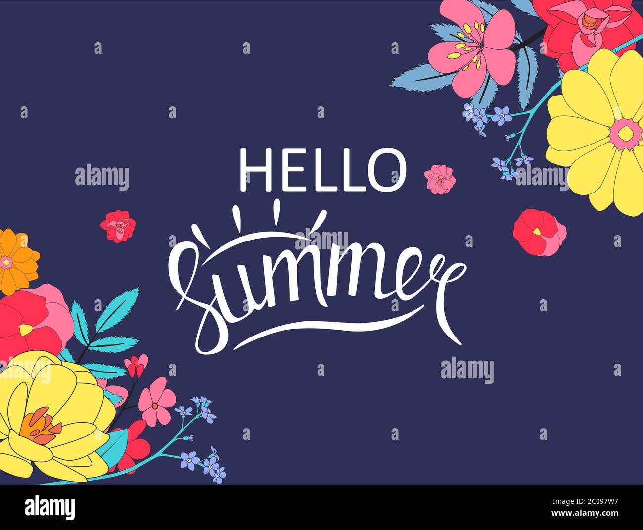 Hello summer background with hand drawn flower. Vector Ilustration ...