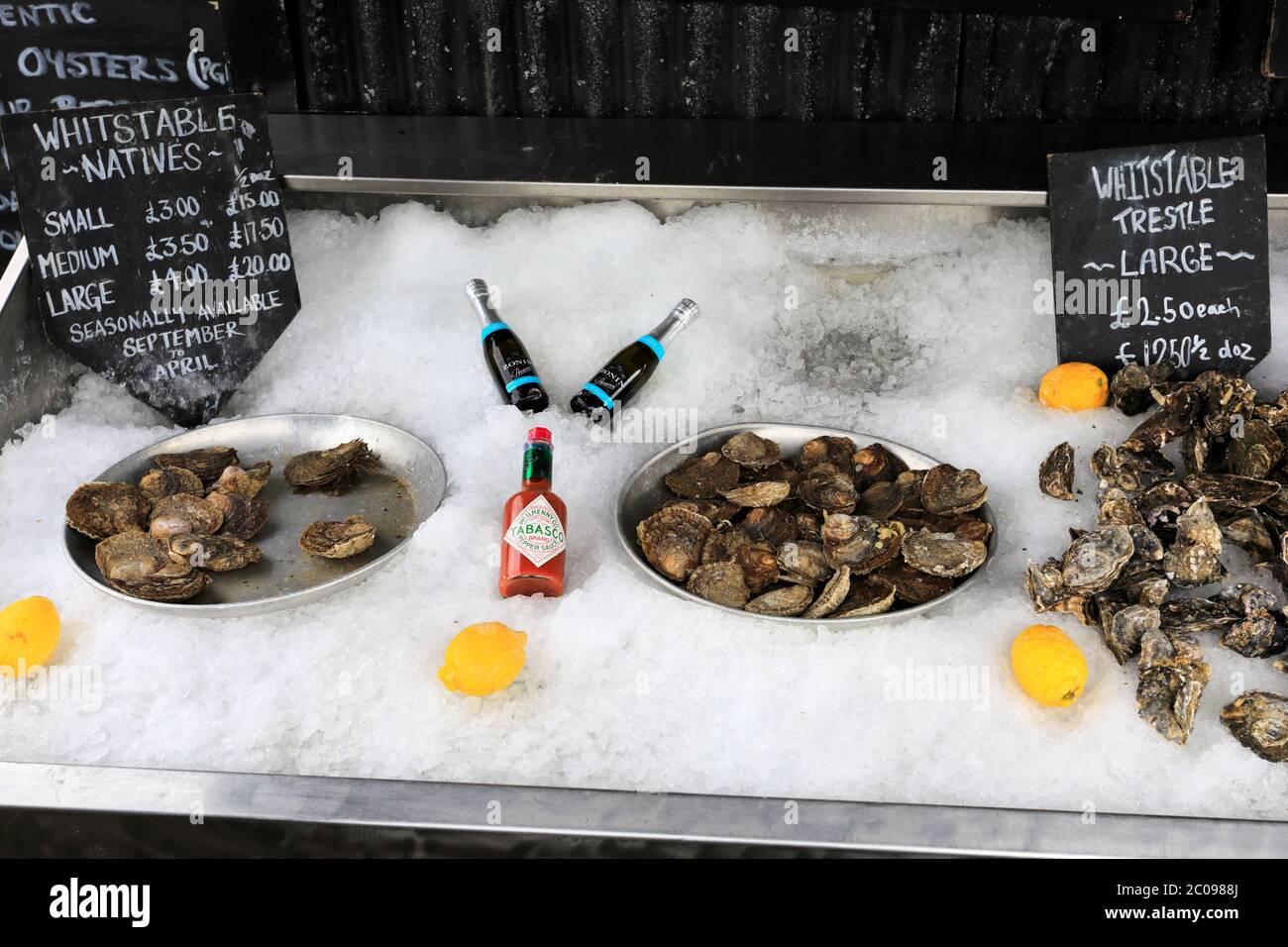 Whitstable Oysters for sale, Whitstable Harbour, Whitstable town, Kent County; England; UK Stock Photo