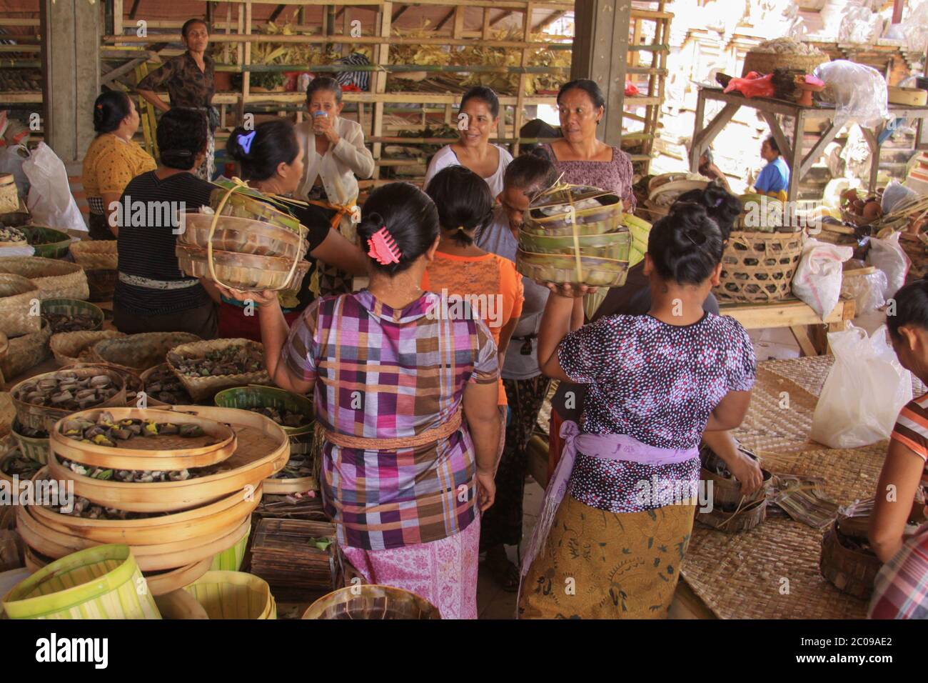Local women dressed in batik preparing offerings for a coming festivity, in Bali, Indonesia Stock Photo