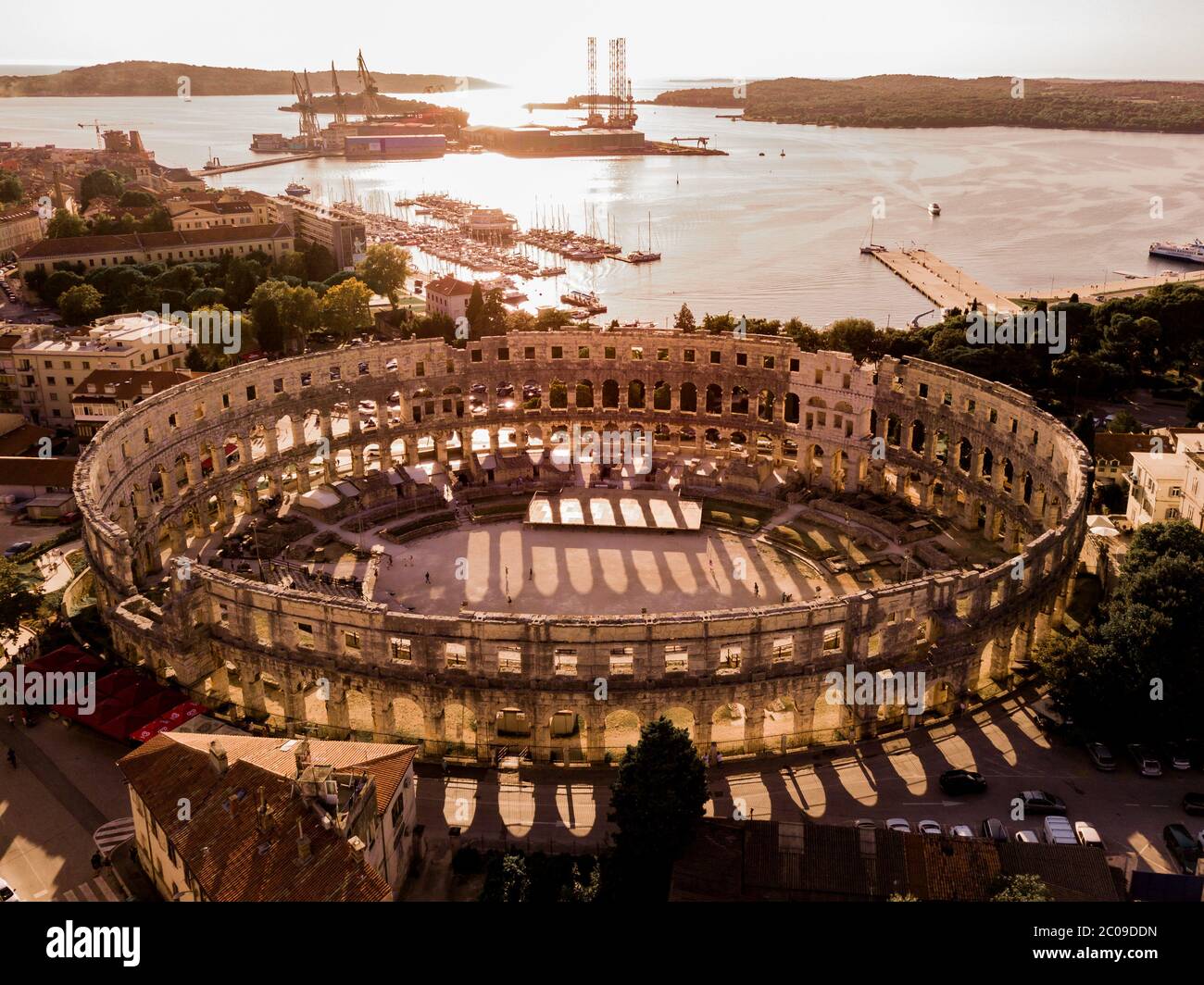 Late afternoon shot of Pula Arena from the drone Stock Photo