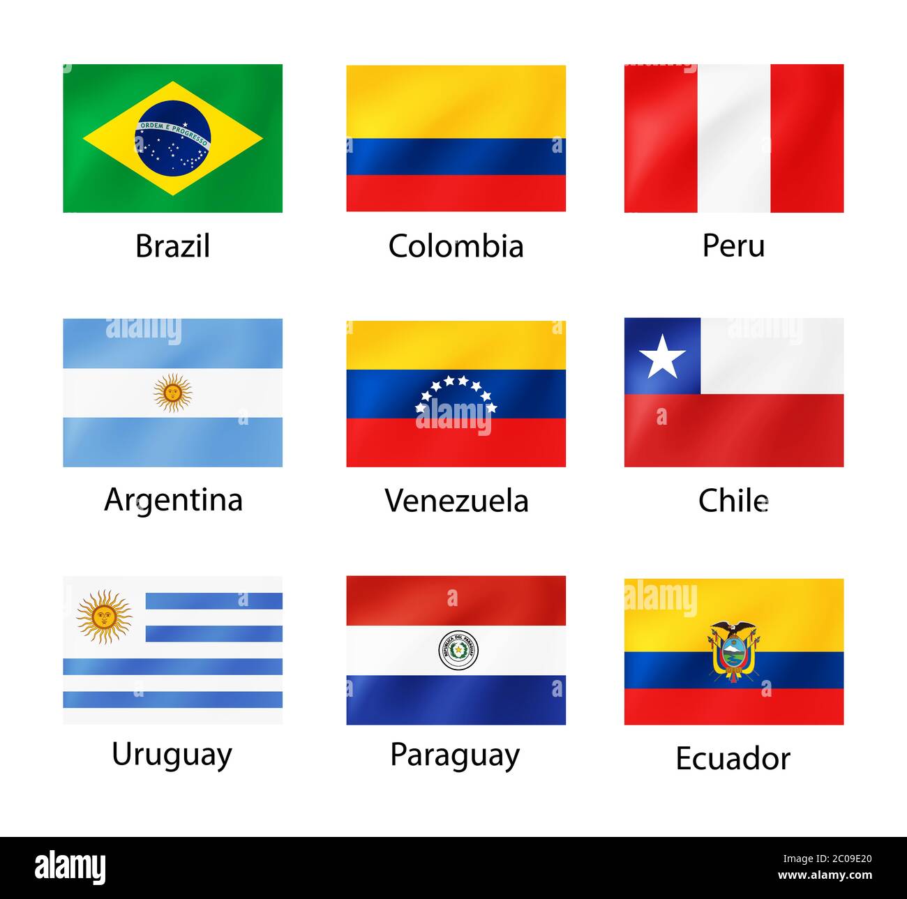 South America flags with captions for illustration of travel, election, holidays. Set of vector national symbols with wavy texture isolated on white. Stock Vector