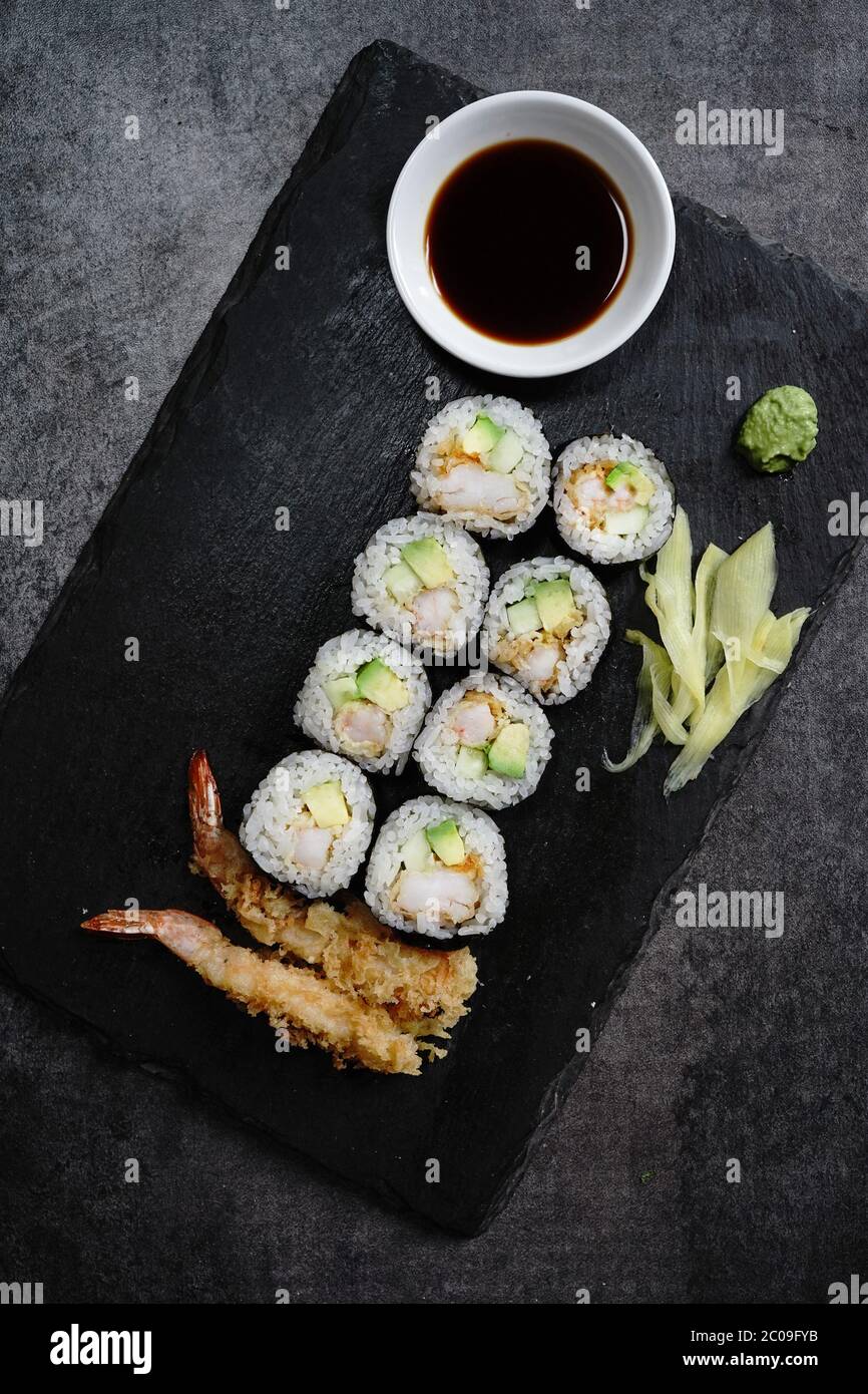 Homemade Shrimp tempura Sushi Roll, pickled ginger,wasabi and soy sauce