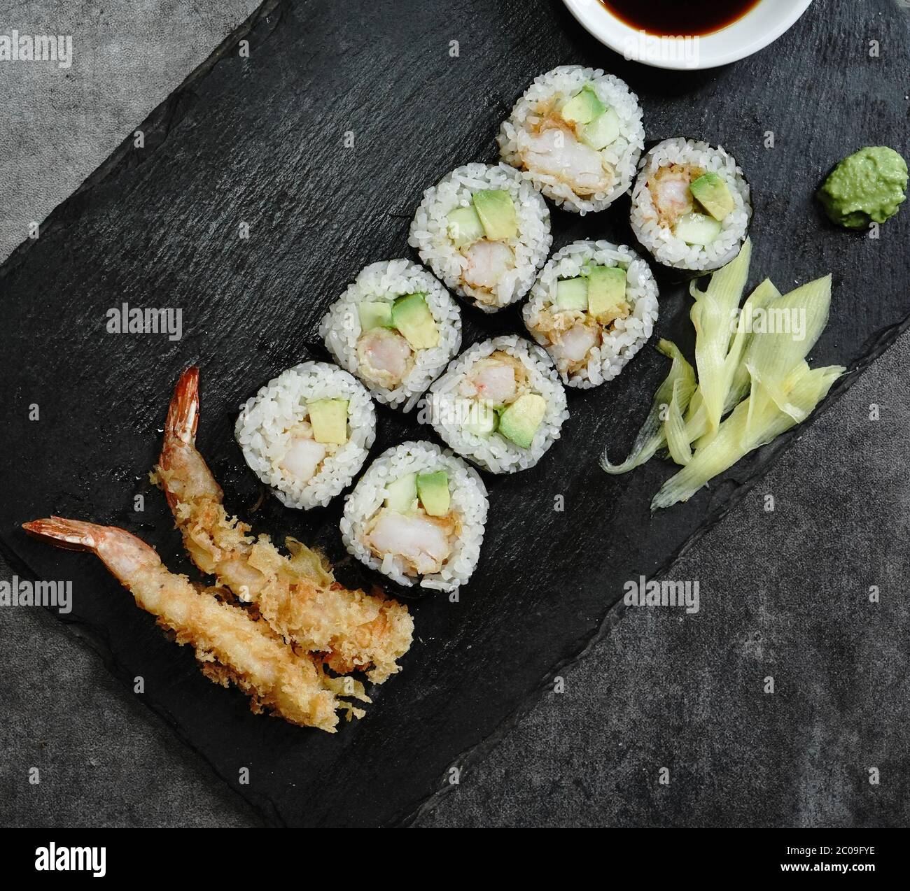 Homemade Shrimp tempura Sushi Roll, pickled ginger,wasabi and soy sauce