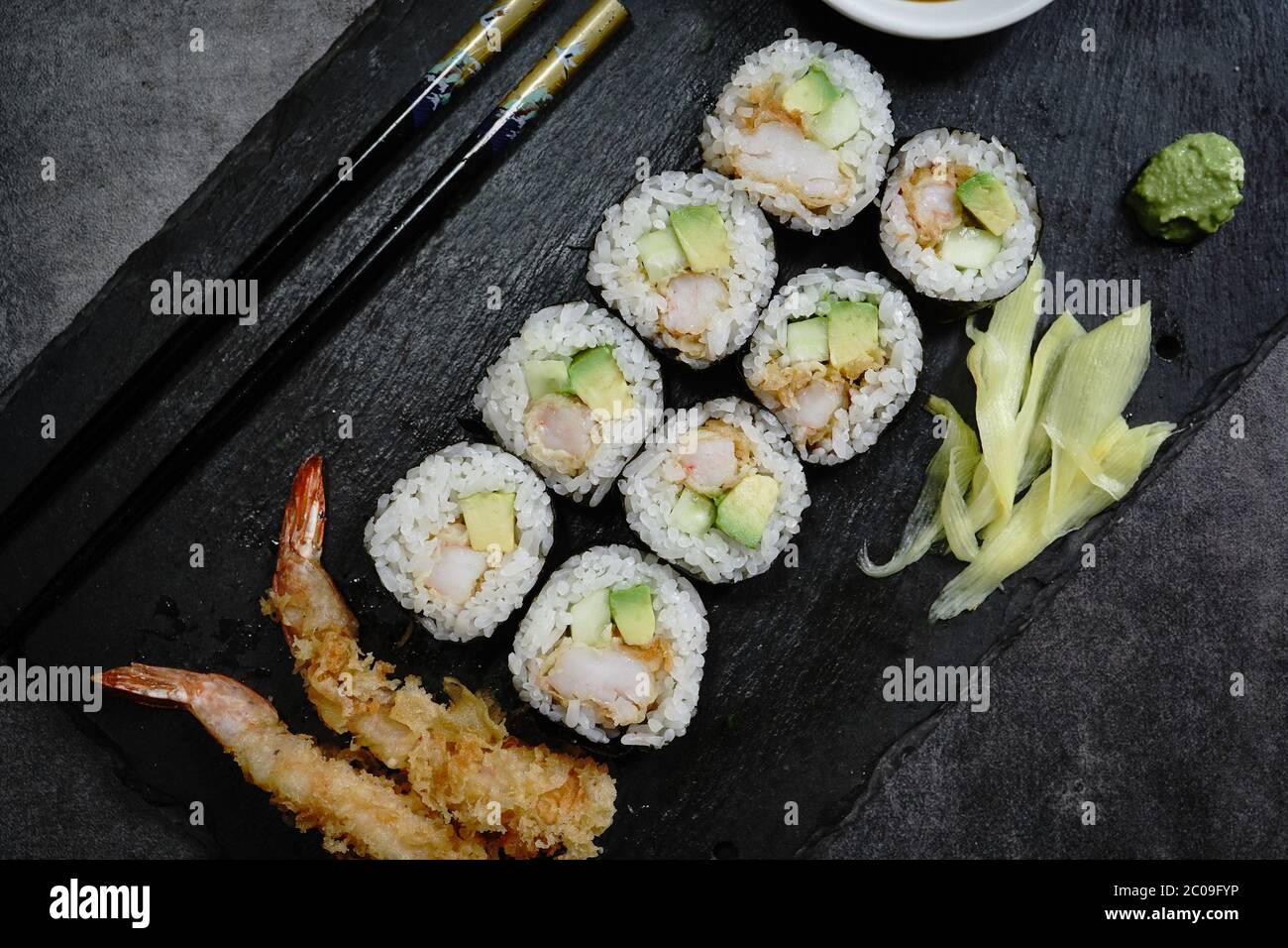 Homemade Shrimp tempura Sushi Roll, pickled ginger,wasabi and soy sauce  Stock Photo - Alamy
