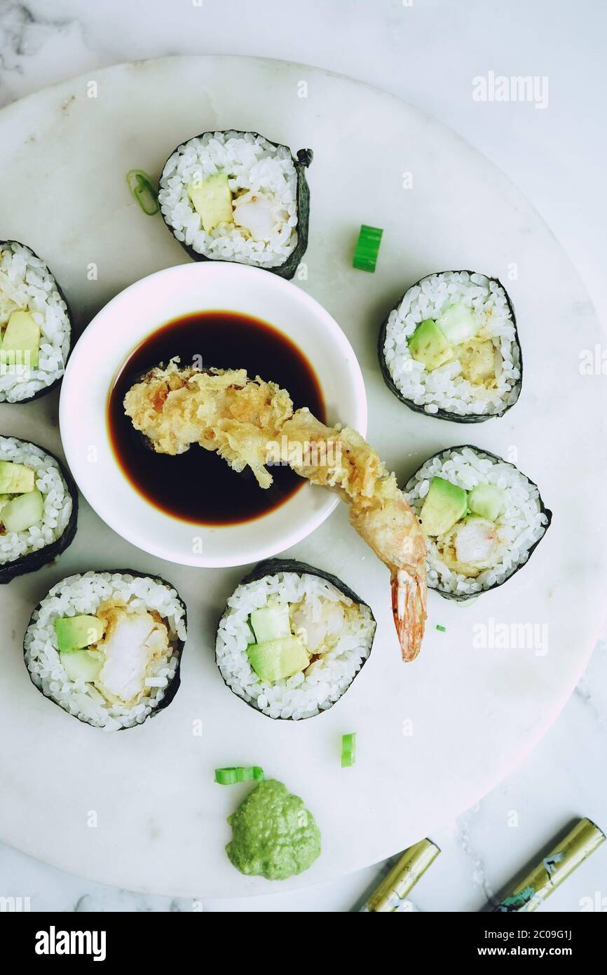 Homemade Shrimp tempura Sushi Roll ,pickled ginger,wasabi and soy sauce