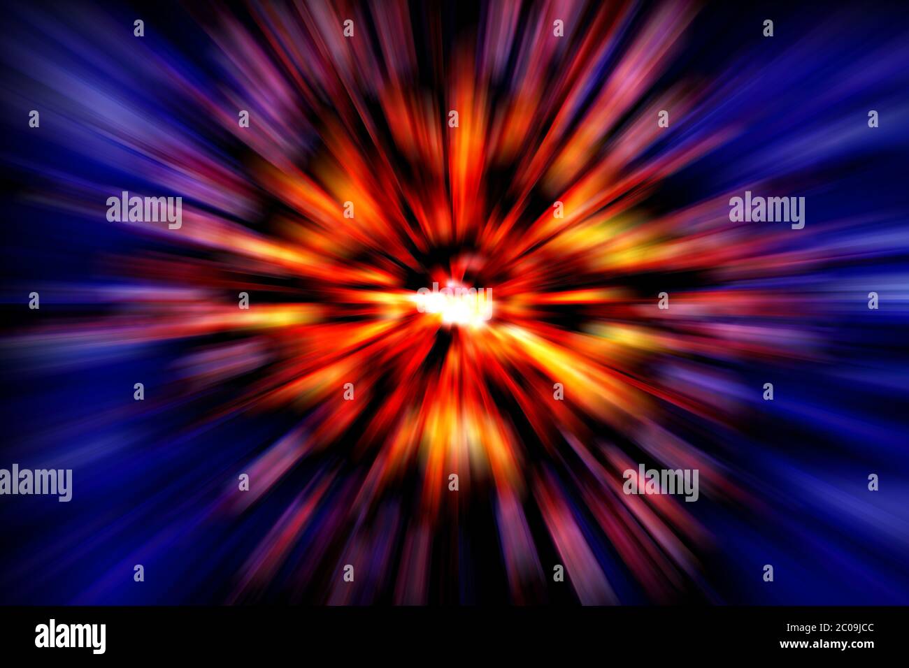 Background image with explosion of red and blue lights with central focal point of interest. Stock Photo
