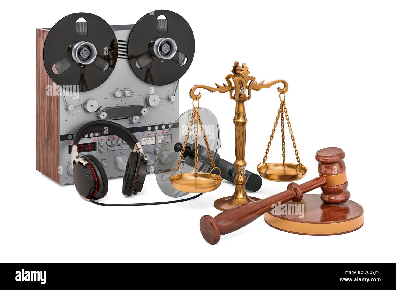 Covert listening device with wooden gavel and scales of justice. 3D