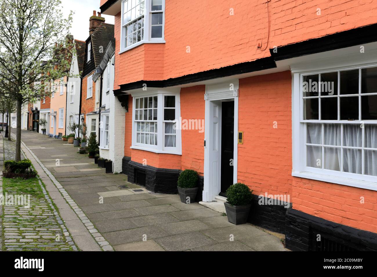 Street view of houses in Faversham town, Kent County; England; UK Stock