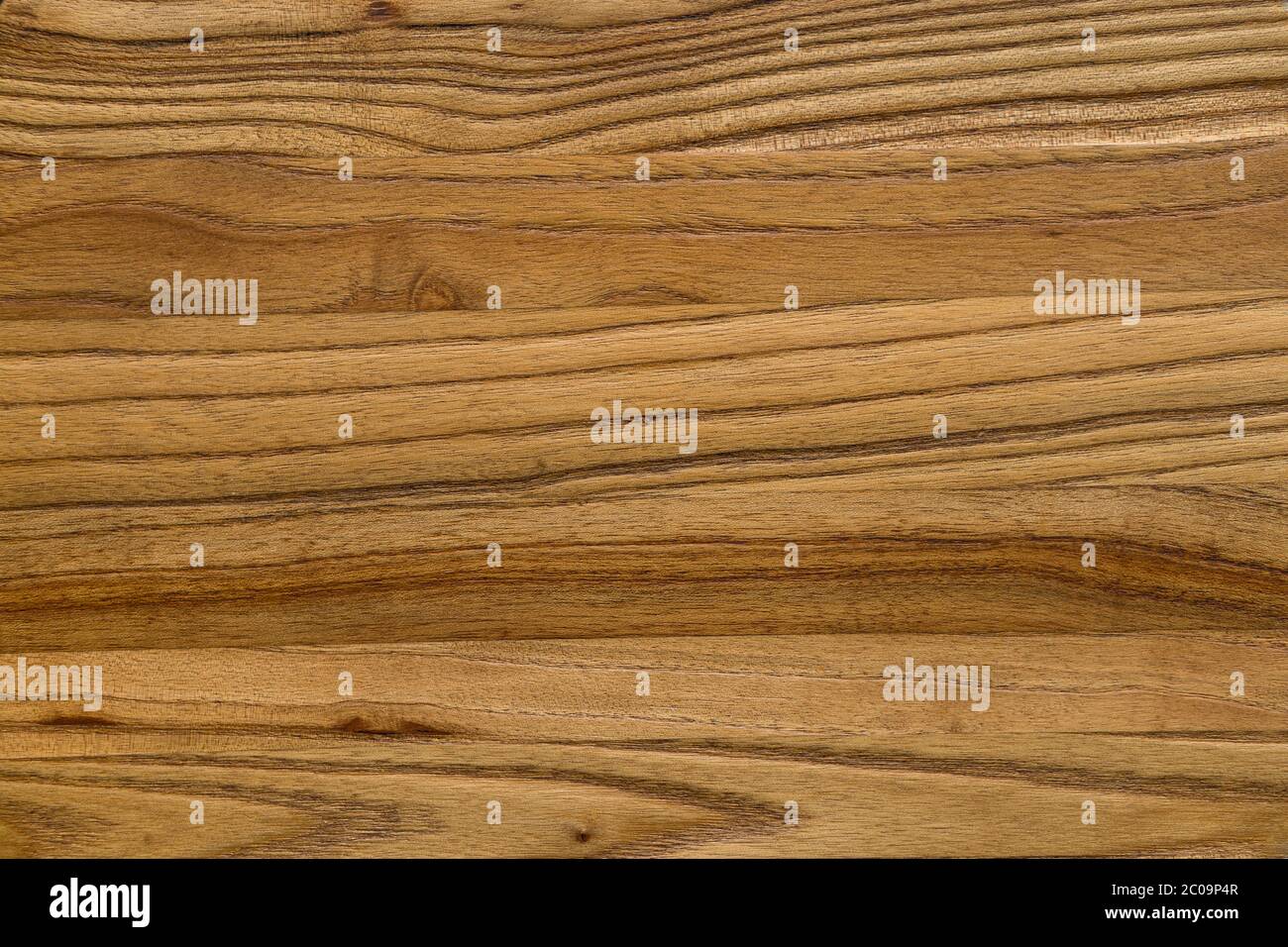 Closeup of wood grain fibers. The wood surface is colored with a natural golden honey brown stain and the wood grain texture runs horizontally. Stock Photo