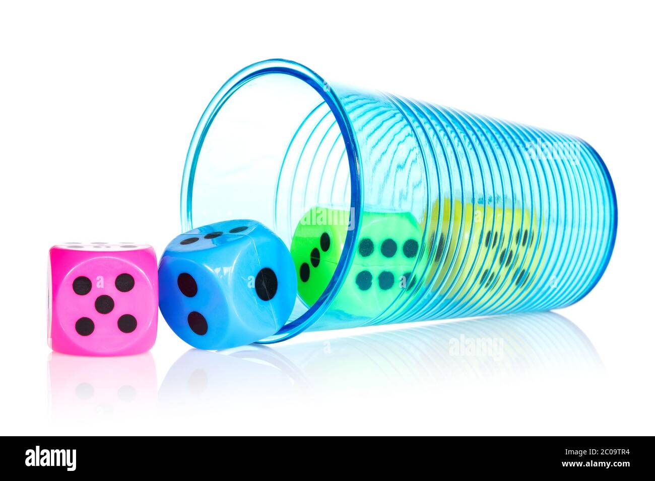 Plastic cup with colorful dice Stock Photo Alamy