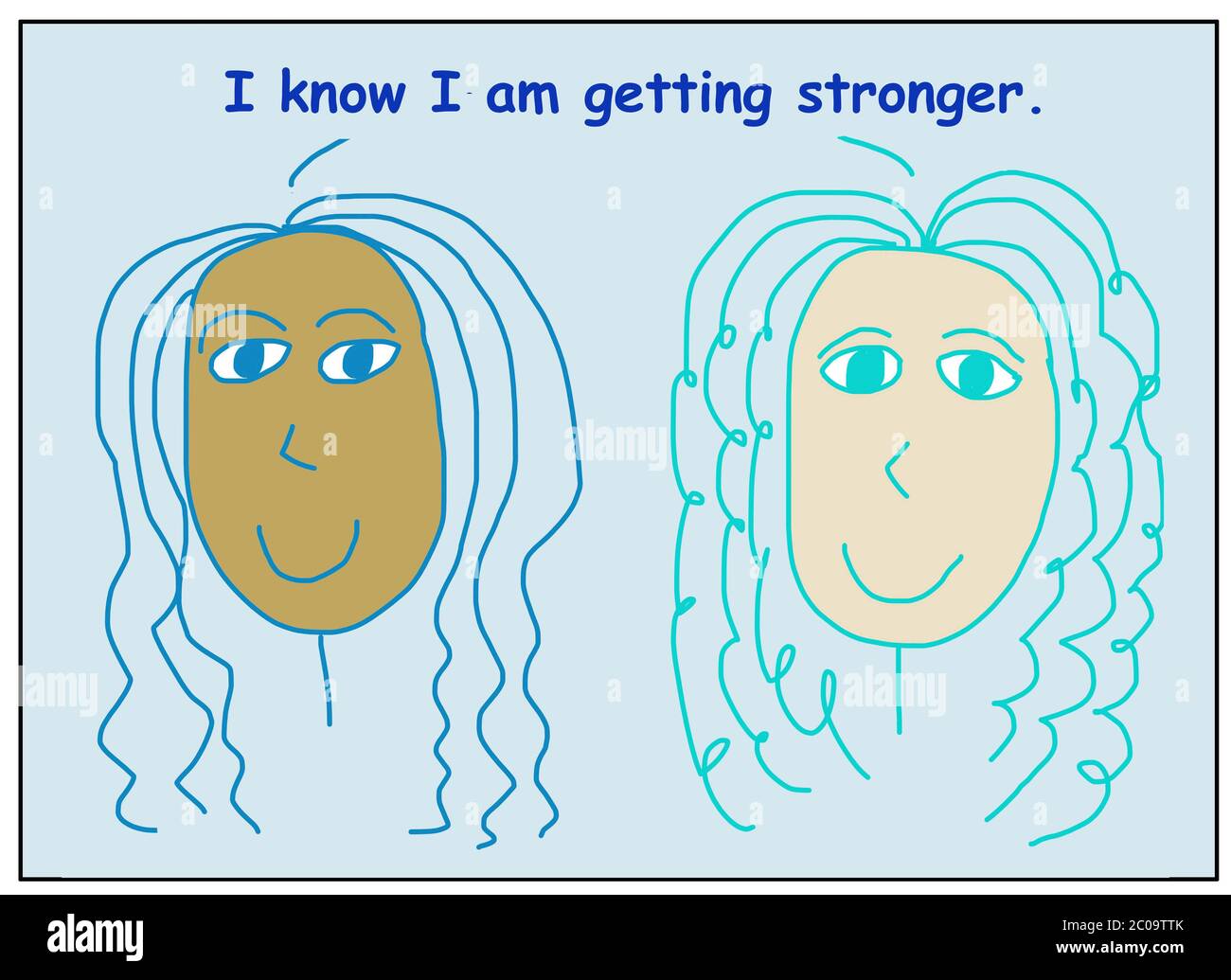 Color cartoon of two smiling, beautiful and ethnically diverse women stating I know I am getting stronger. Stock Photo