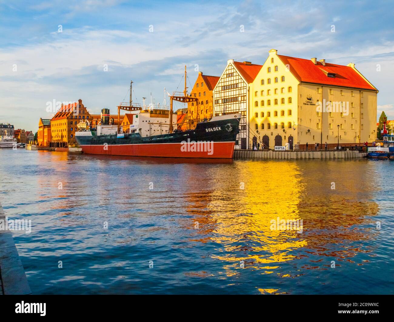 GDANSK, POLAND - AUGUST 25, 2014: SS Soldek ship - polish coal and ore freighter. On Motlawa River at National Maritime Museum in Gdansk, Poland. Stock Photo