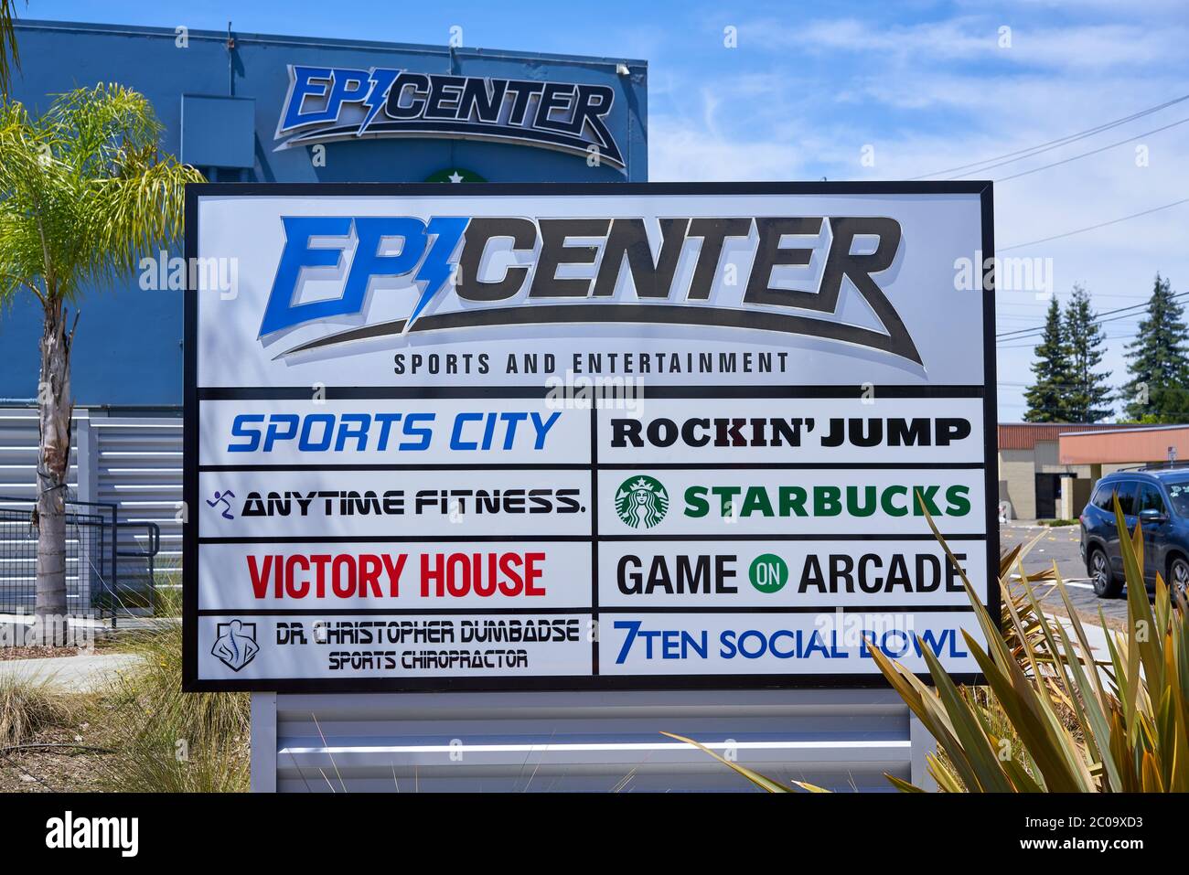 Epicenter sports and entertainment multi-business complex with monument sign in front in Santa Rosa, California, USA. Stock Photo