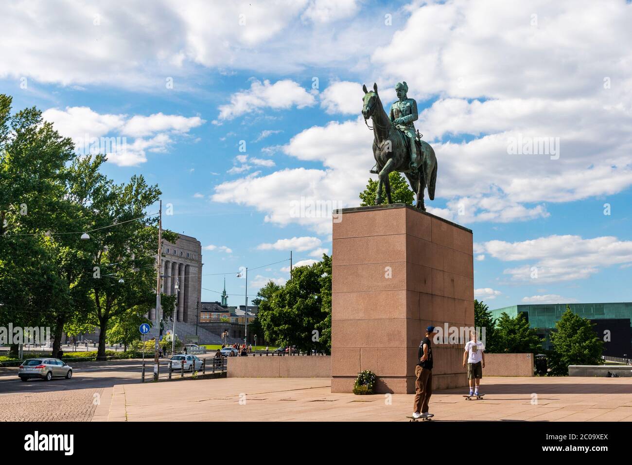 Equestrian statue of baron Carl Gustaf Mannerheim downtown Helsinki Stock Photo
