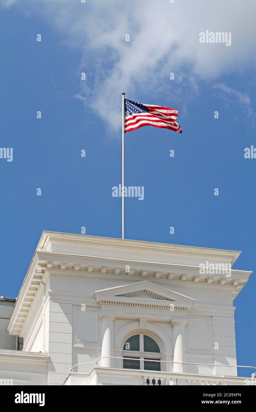stars and stripes on US consulate in Hamburg Stock Photo