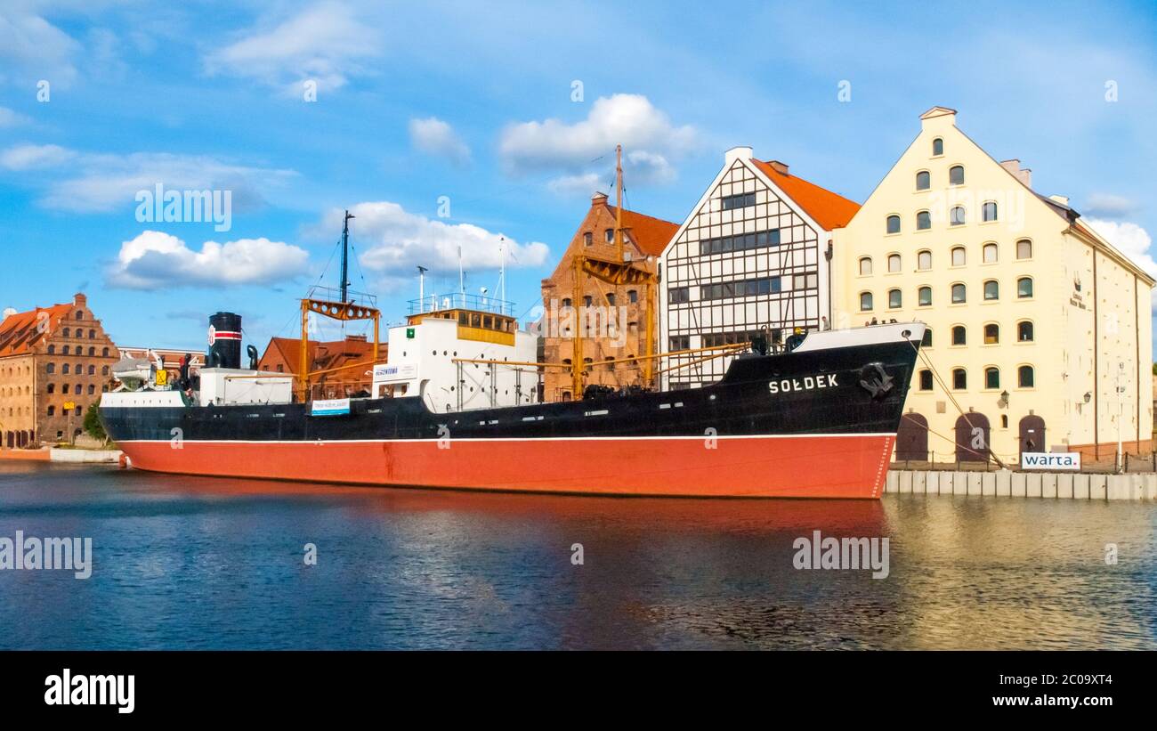 GDANSK, POLAND - AUGUST 25, 2014: SS Soldek ship - polish coal and ore freighter. On Motlawa River at National Maritime Museum in Gdansk, Poland. Stock Photo