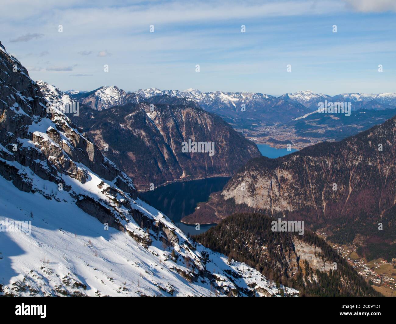 Aerial view of Hallstatt valley with lake and surrounding mountains, Austria Stock Photo