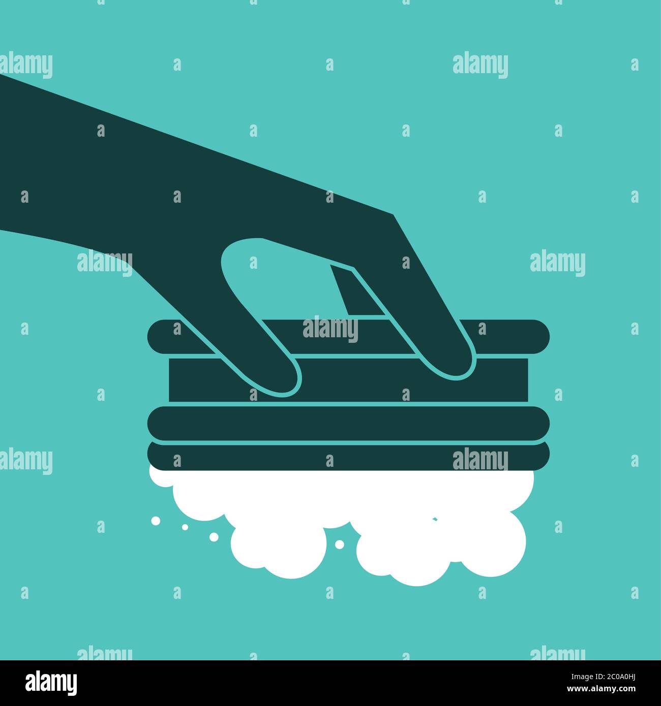 hand with rubber glove and sponge housekeeping accessory vector ...