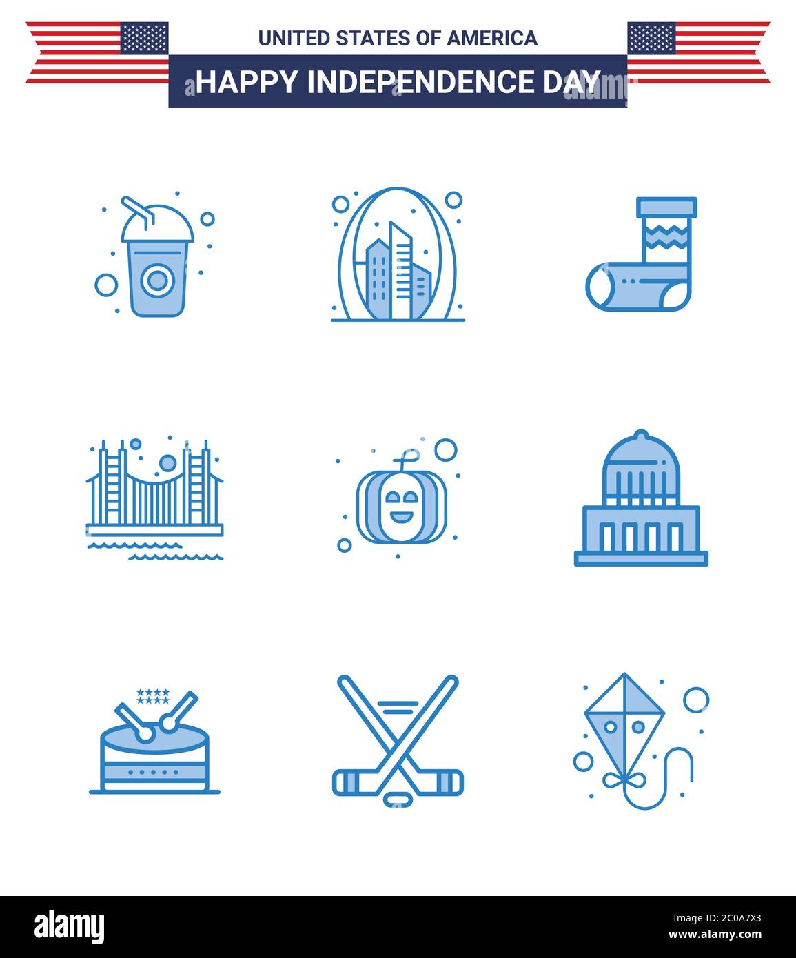 Happy Independence Day 4th July Set of 9 Blues American Pictograph of tourism; golden; usa; gate; gift Editable USA Day Vector Design Elements Stock Vector