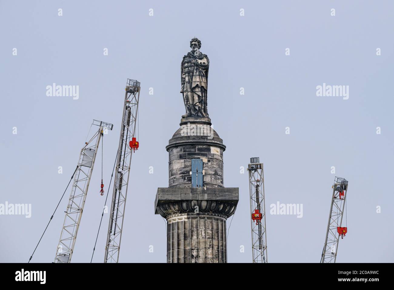 Thu 11 June 2020. Edinburgh, Scotland. The Melville Monument in St Andrew’s Square, a 150-foot high monumental column which commemorates Henry Dundas, 1st Viscount Melville. It is a Category A listed structure in the heart of Edinburgh’s New Town which Dundas helped to establish. It was erected in 1821 and the architect was William Burn. It is surrounded in controversy due to Henry Dundas' role in delaying the abolition of slavery and on June 7 2020, during a Black Lives Matter protest, the Melville Monument was graffitied. The City of Edinburgh is proposing to now dedicate the monument to tho Stock Photo