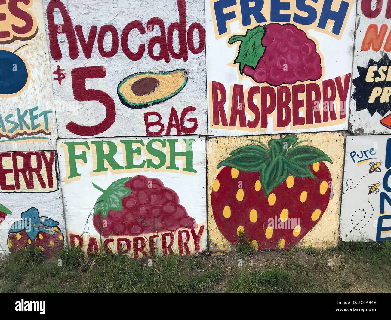 Hand painted signs at fruit stand in Oxnard, CA Stock Photo