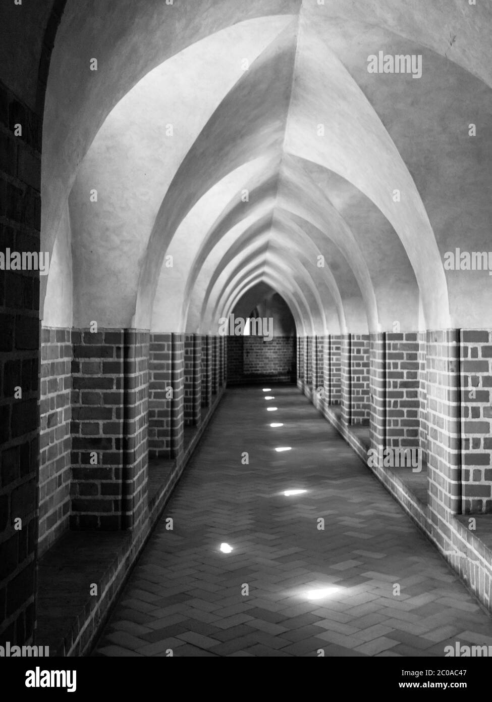 Long gothic cloister corridor with corss-shaped arch, in black and white Stock Photo
