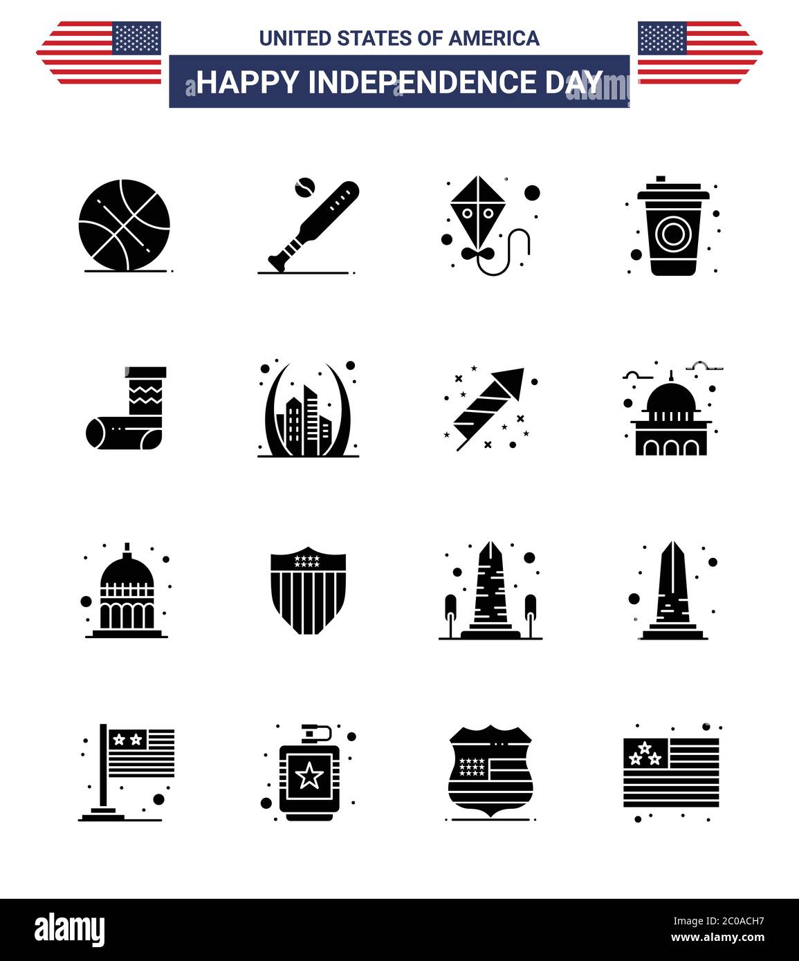 4th July USA Happy Independence Day Icon Symbols Group of 16 Modern Solid Glyphs of festivity; celebration; usa; drink; bottle Editable USA Day Vector Stock Vector
