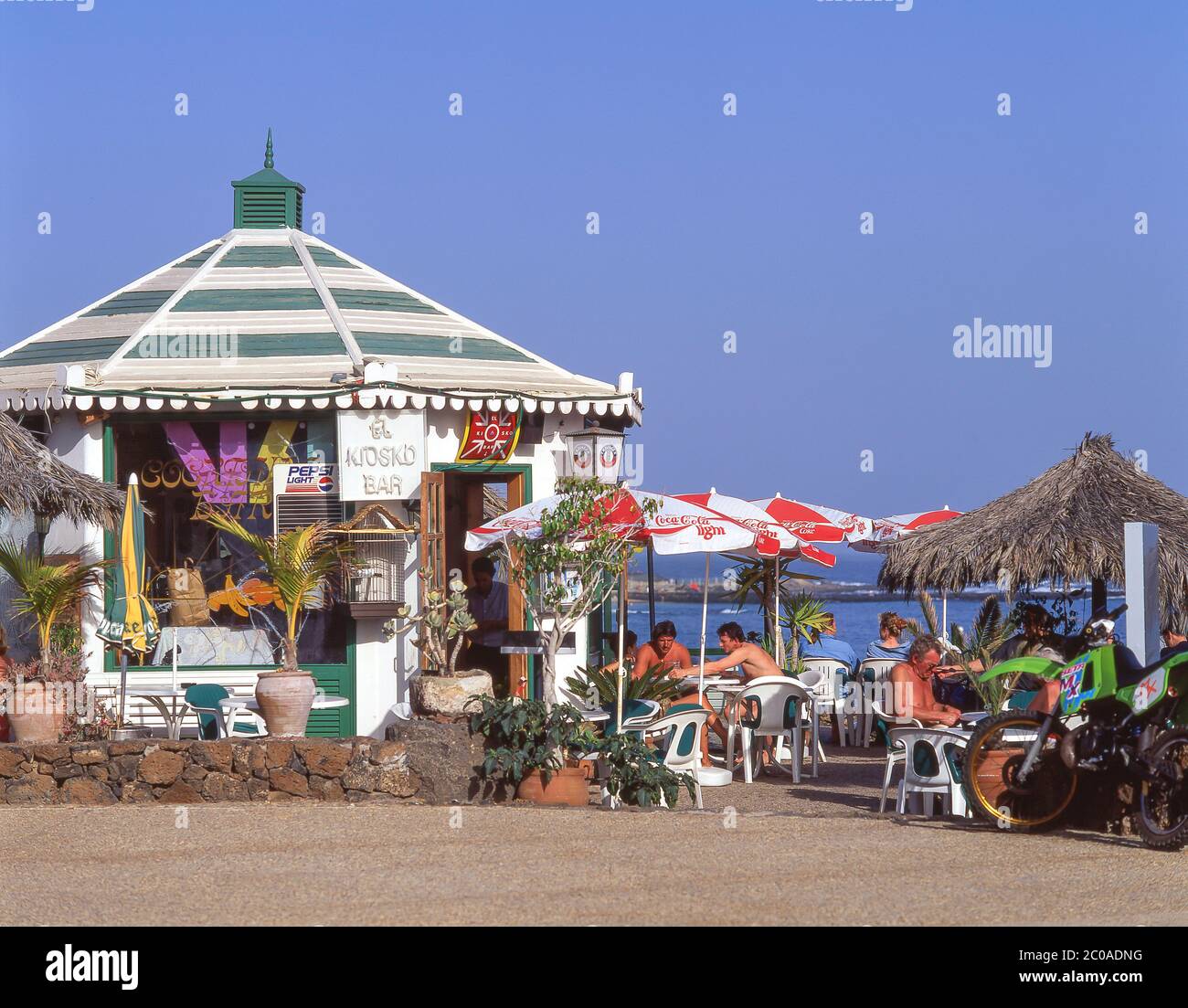 Beach promenade cafe, Las Cucharas Beach, Costa Teguise, Lanzarote, Canary Islands, Kingdom of Spain Stock Photo