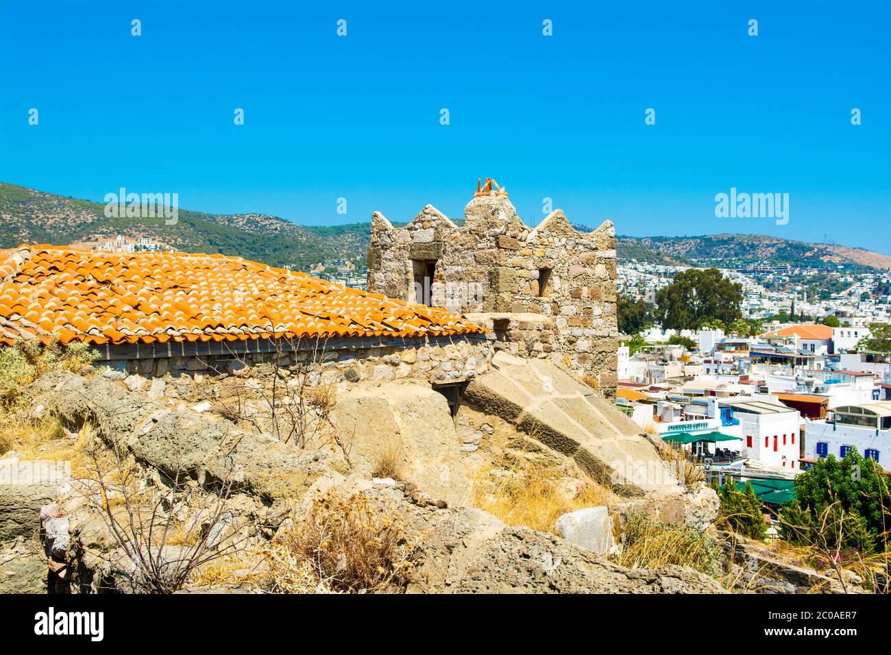 Bodrum, Turkey - 5 September 2017: Panoramic view from tower wall of ...