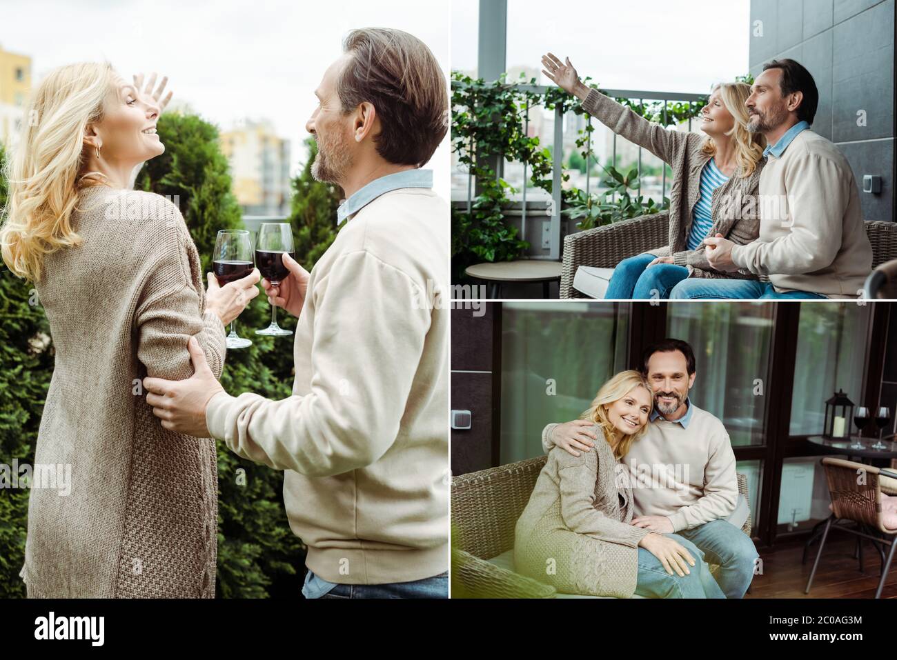 Collage of mature couple embracing and drinking wine on terrace Stock Photo