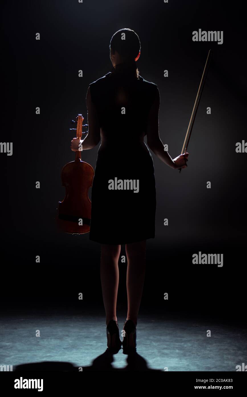 silhouette of female musician holding violin on dark stage Stock Photo ...