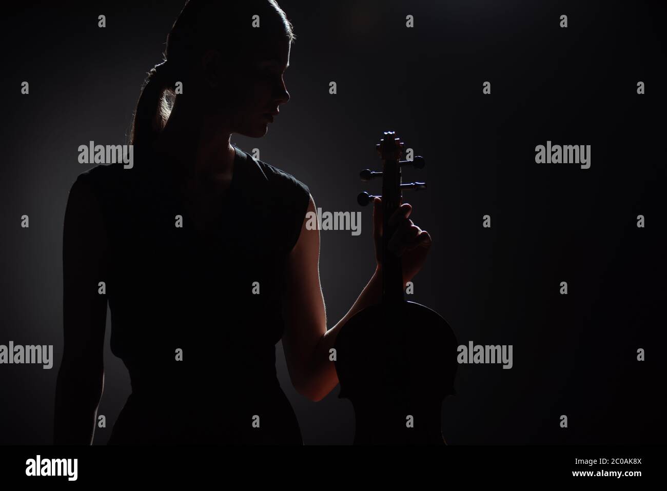 silhouette of female musician holding classical violin on dark stage ...