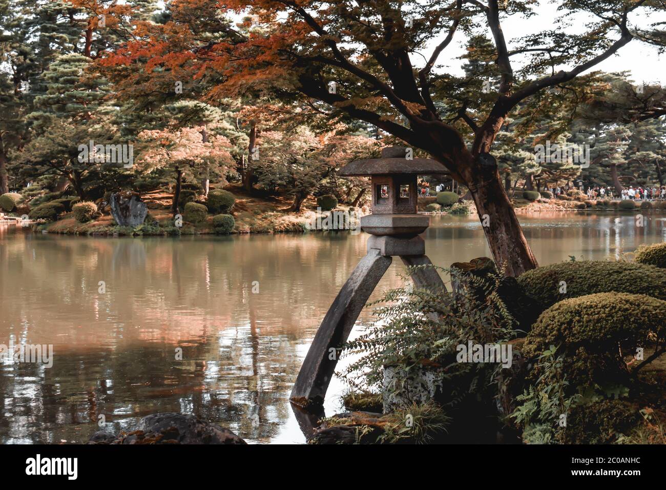 Most beautiul Japanese garden with stone lantern Kenrokuen in Kanazawa Stock Photo