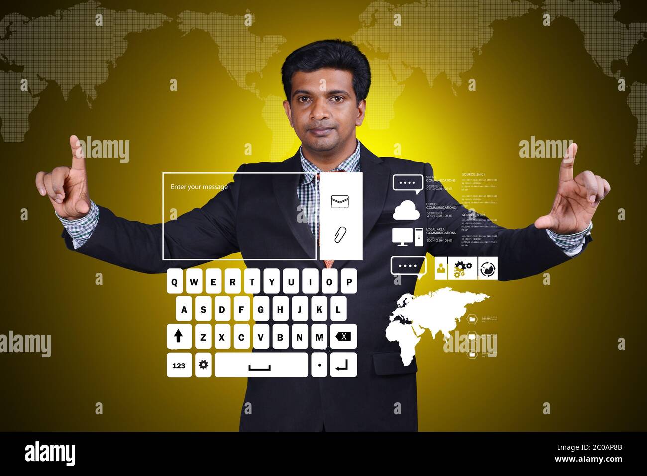 Button Computer. Man Man showing computer keys Stock Photo - Alamy