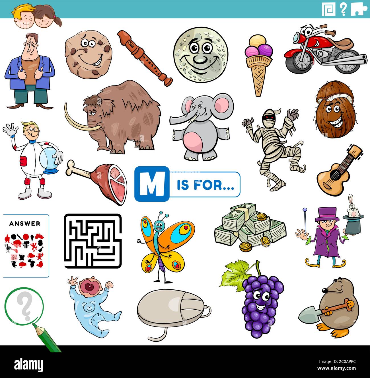 Cartoon Illustration of Finding Picture Starting with Letter M