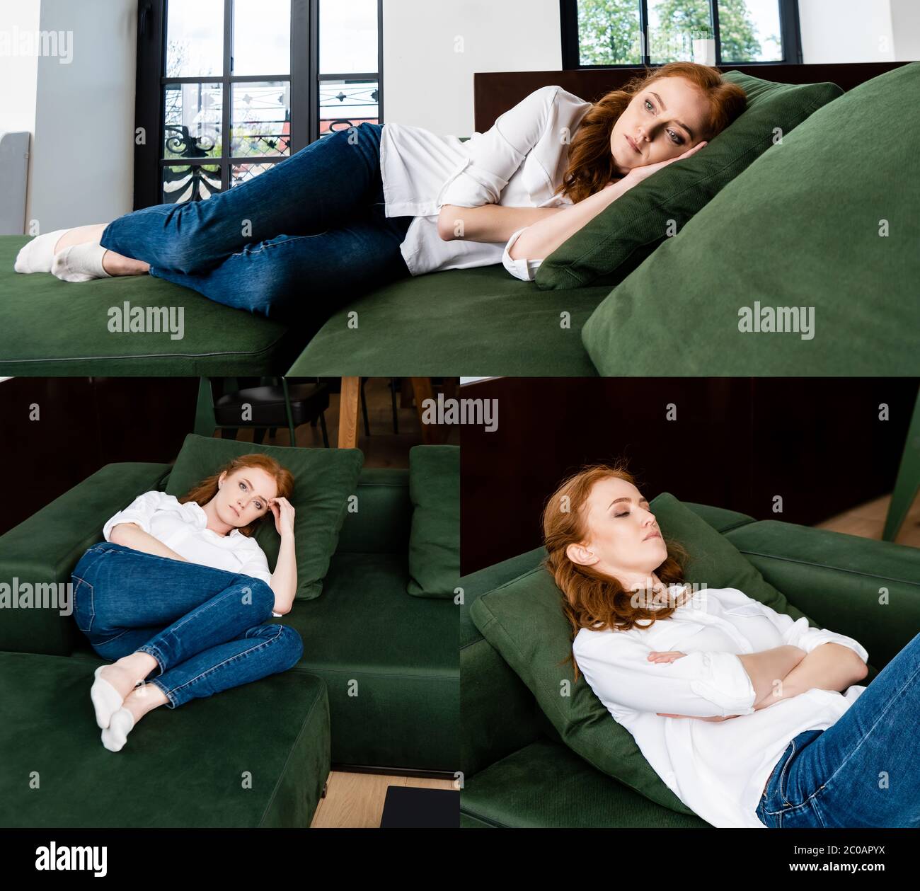 Collage of sad woman lying on sofa at home Stock Photo - Alamy
