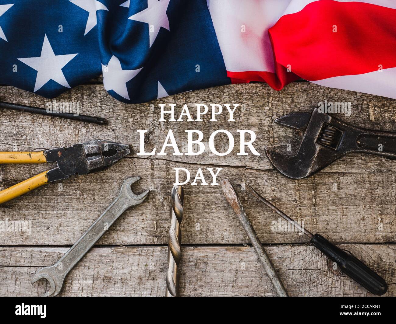 LABOR DAY. Hand tools lying on the table Stock Photo