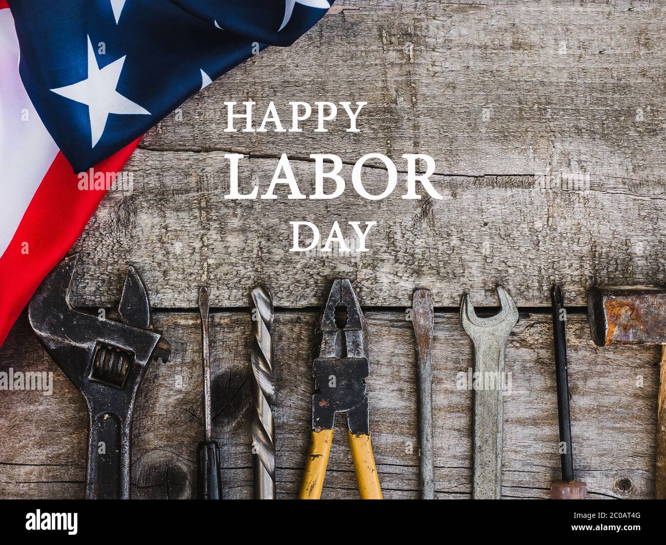 LABOR DAY. Hand tools lying on the table Stock Photo