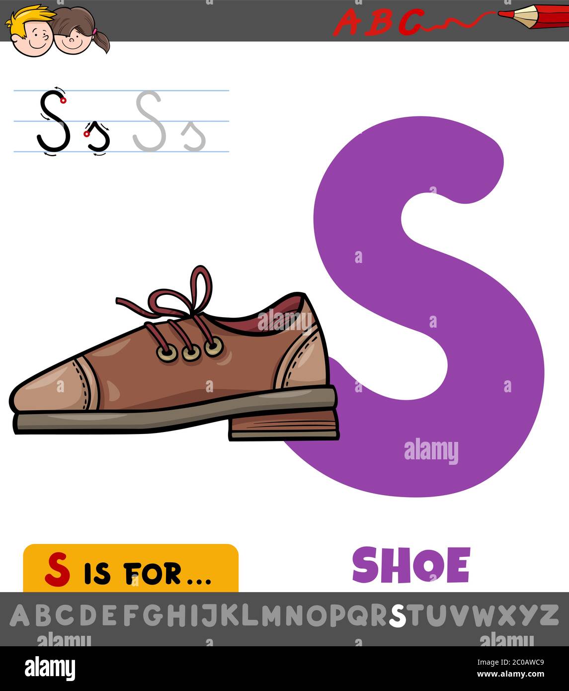 Educational Cartoon Illustration of Letter S from Alphabet with Shoe for Children Stock Vector