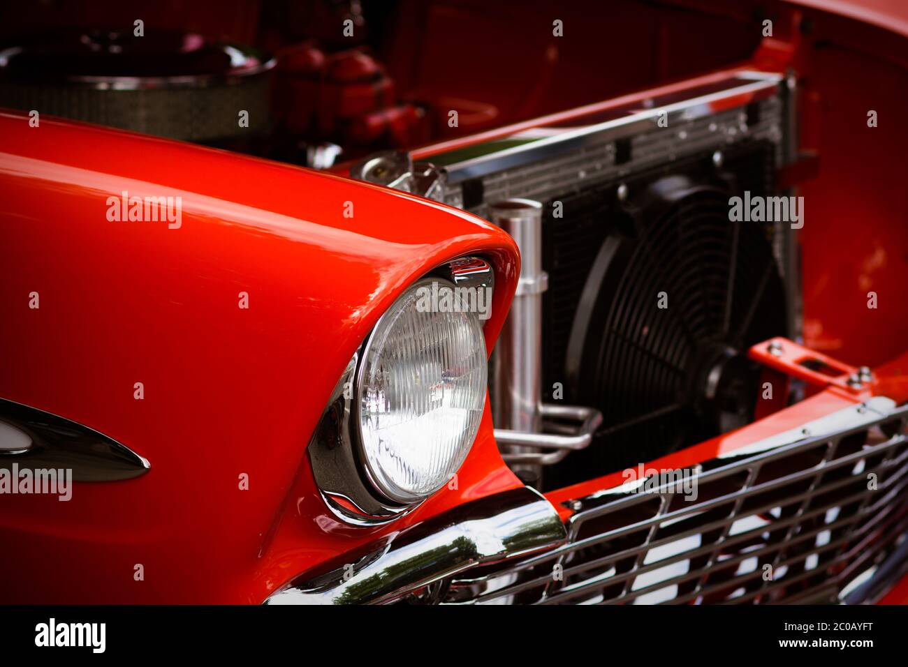 Red Automobile Hood Open With Engine Showing Stock Photo