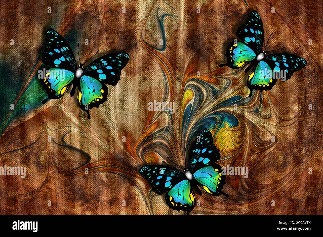 3d wallpaper texture, butterflies, nature painting, old canvas textures.  Grey background. Murals effect Stock Photo - Alamy