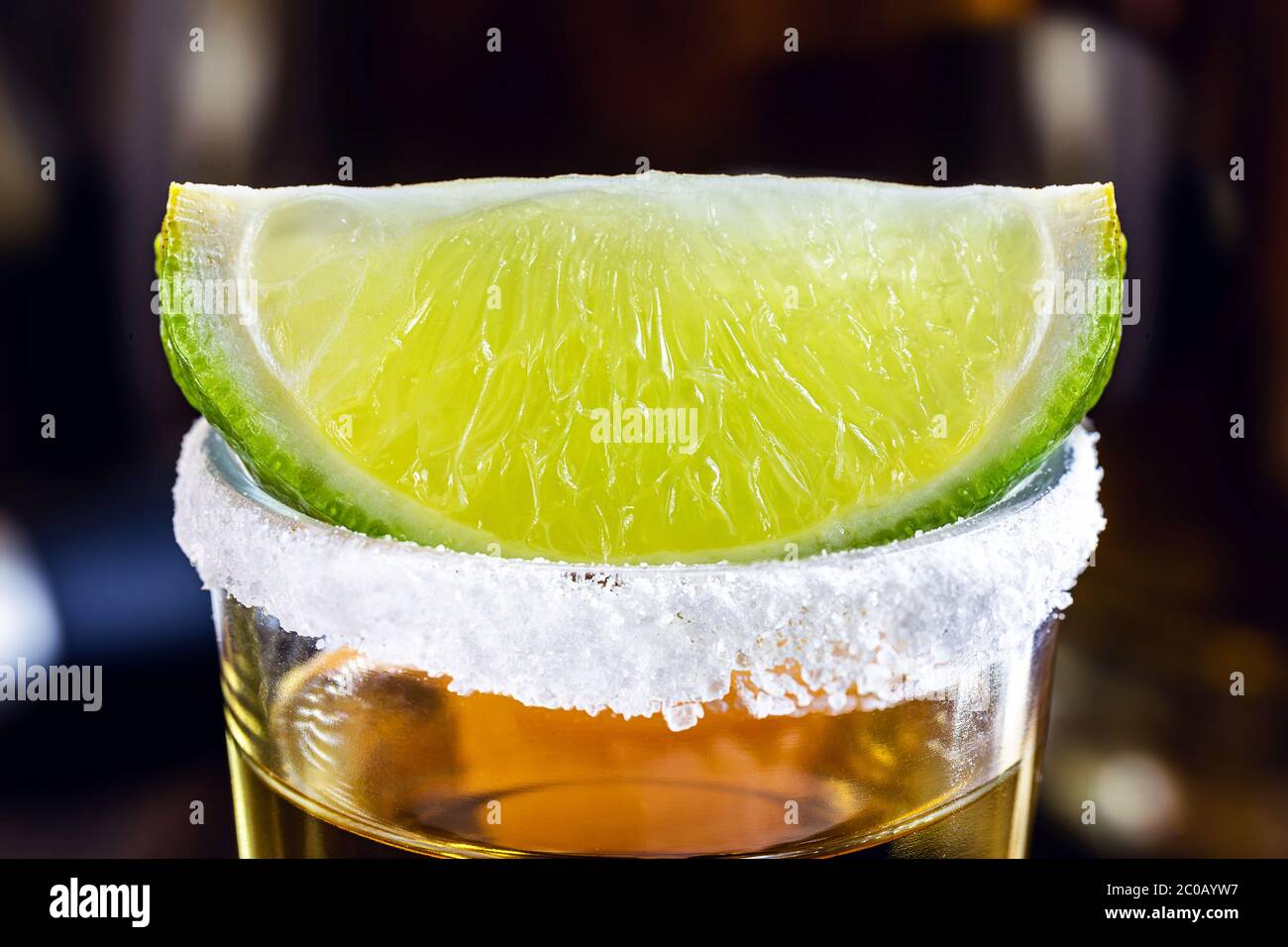 detail of the tequila drink, with a specific focus on the lemon. Typical drink from Mexico Stock