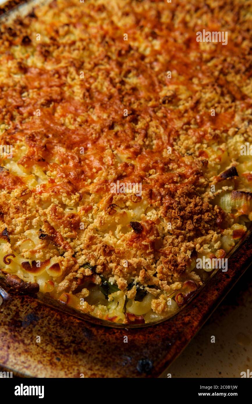 Broccoli rabe and leek mac and cheese in large casserole dish Stock ...
