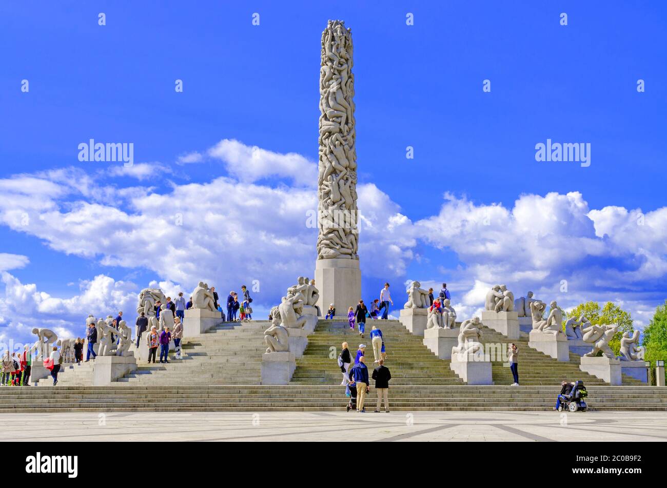 Statues in Vigeland park in Oslo centerpiece and sky Stock Photo