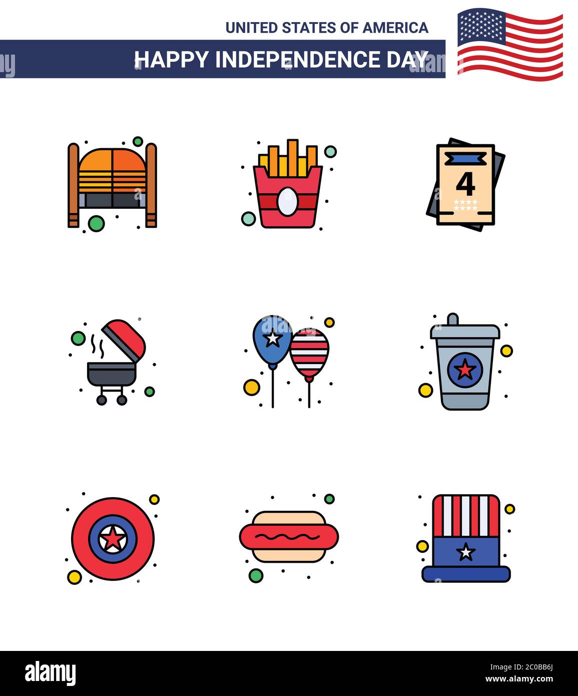 Pack of 9 USA Independence Day Celebration Flat Filled Lines Signs and 4th July Symbols such as party; celebrate; invitation; balloons; bbq Editable U Stock Vector
